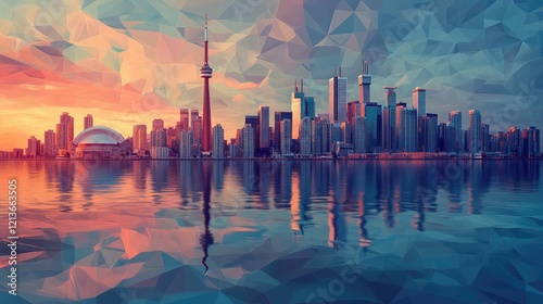Creative polygonal mesh design of a waterfront city skyline suitable for wallpaper Concept of smart cities and web network connectivity