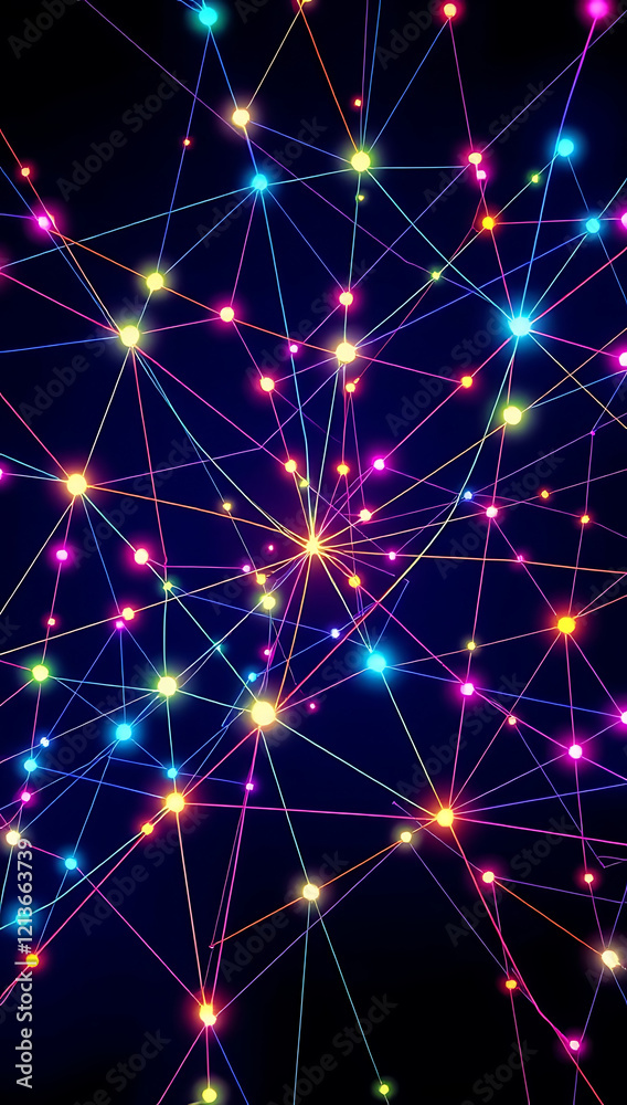 Fototapeta premium Interconnected lines and nodes glowing in different intensities, representing diverse relationships, all forming an intricate web in a vibrant color spectrum.