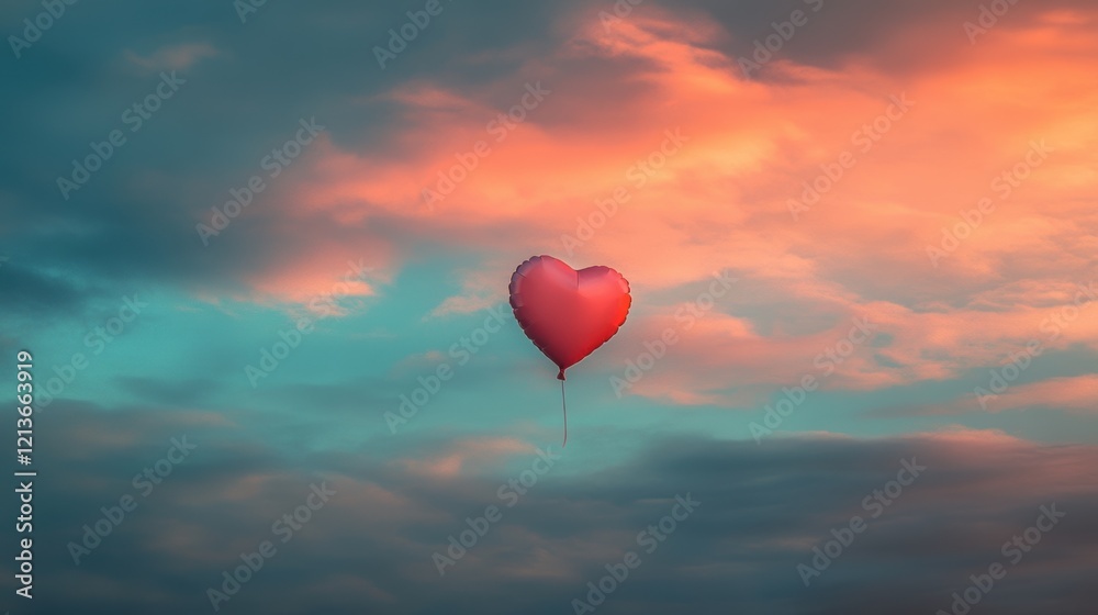 Fototapeta premium Heart Balloon Floating in Dreamy Pastel Sky Romantic Sunset