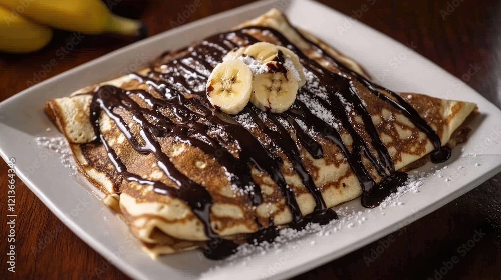 Crepes with melted chocolate and banana served on a white plate Crepes with melted chocolate and banana served on a white plate