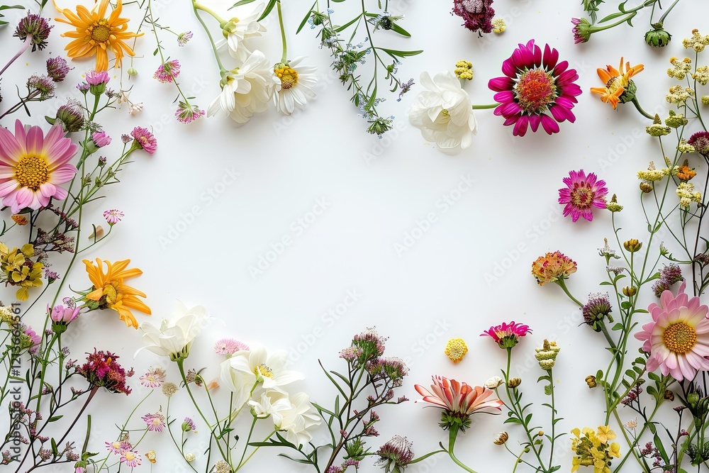 High Quality Visual of a Frame of Flowers with a White Background High Quality Visual of a Frame of Flowers with a White Background