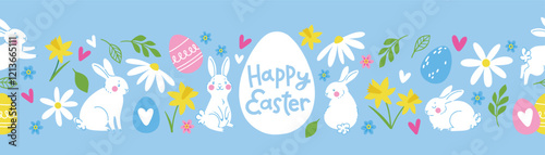 Cute hand drawn easter bunnies, spring flowers and eggs seamless design. Easter doodle background. Cute happy Easter typography.