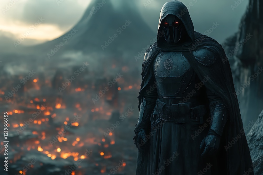 Hooded warrior overlooking fiery landscape. Hooded warrior overlooking fiery landscape.