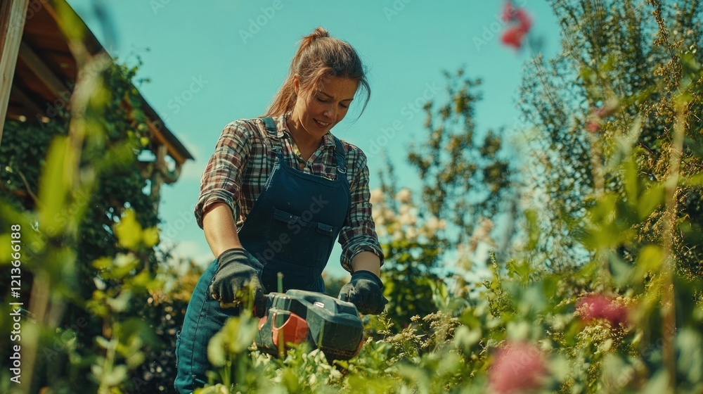 Woman Trimming Bushes in a Lush Garden Woman Trimming Bushes in a Lush Garden