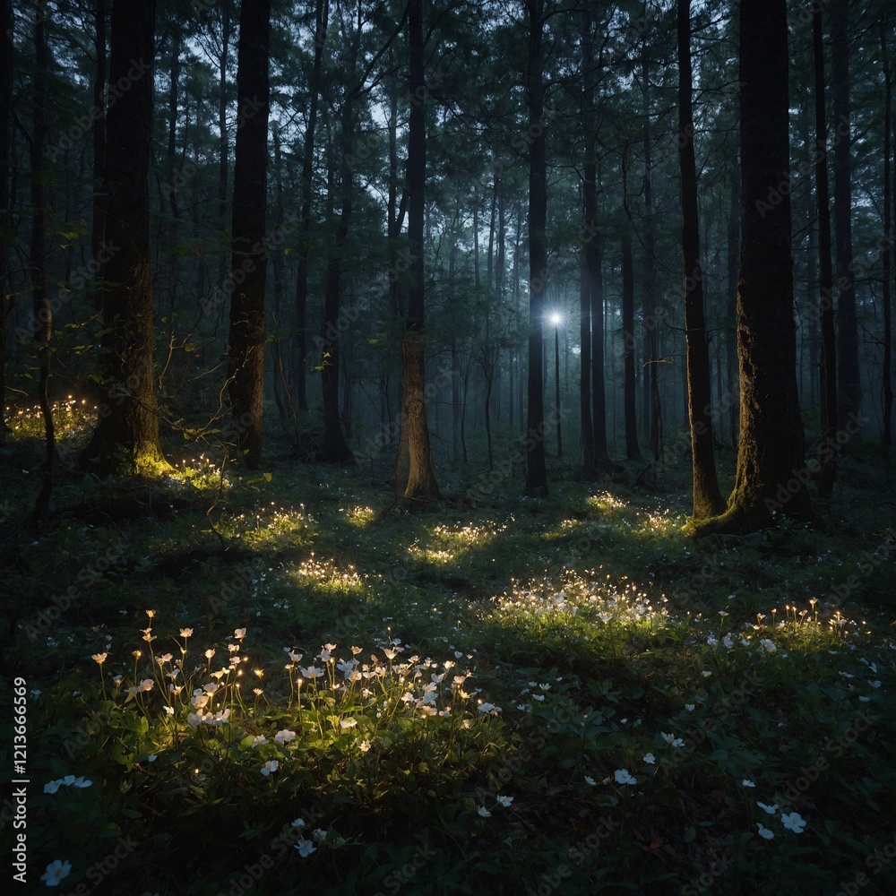 Obraz premium A dense forest with small, glowing flowers dotting the ground, emitting a mystical light.