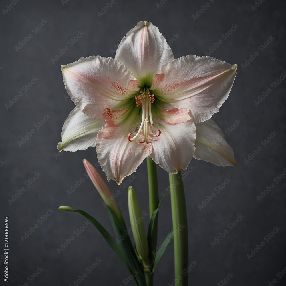 Fototapeta premium A white Amaryllis with light pink accents, floating on a smooth gray background.
