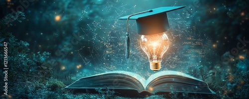 A creative scene with a graduation cap on a lightbulb, an open book beneath displaying advanced mathematical formulas, glowing in a scholarly, inspiring environment photo