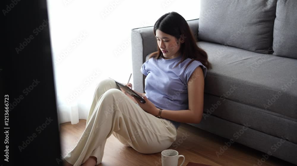Asian woman holding a ta blet reading and writing on e-book or use social media