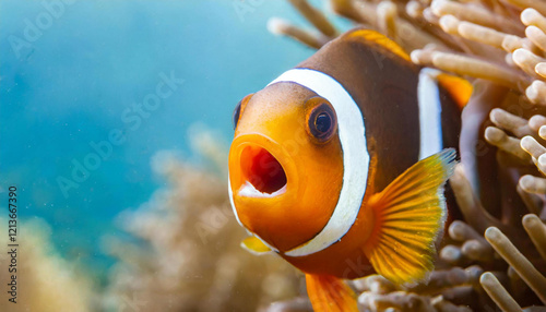 Surprised mouth-open clown fish looking to the camera photo background photo