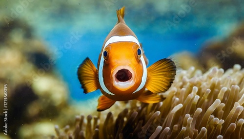 Surprised mouth-open clown fish looking to the camera photo background photo