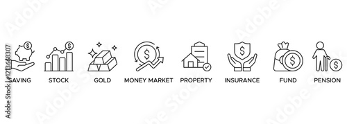 Banner retirement planning icon illustration. Retirement Plan Growth Concept with icons saving, stock, gold, money market, property, insurance, fund and pension