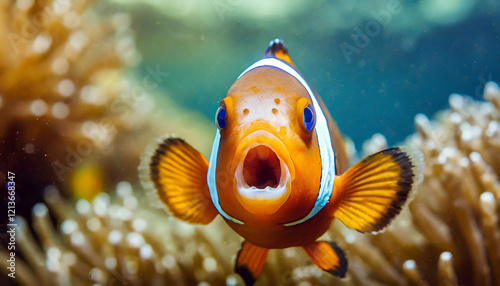 Surprised mouth-open clown fish looking to the camera photo background photo