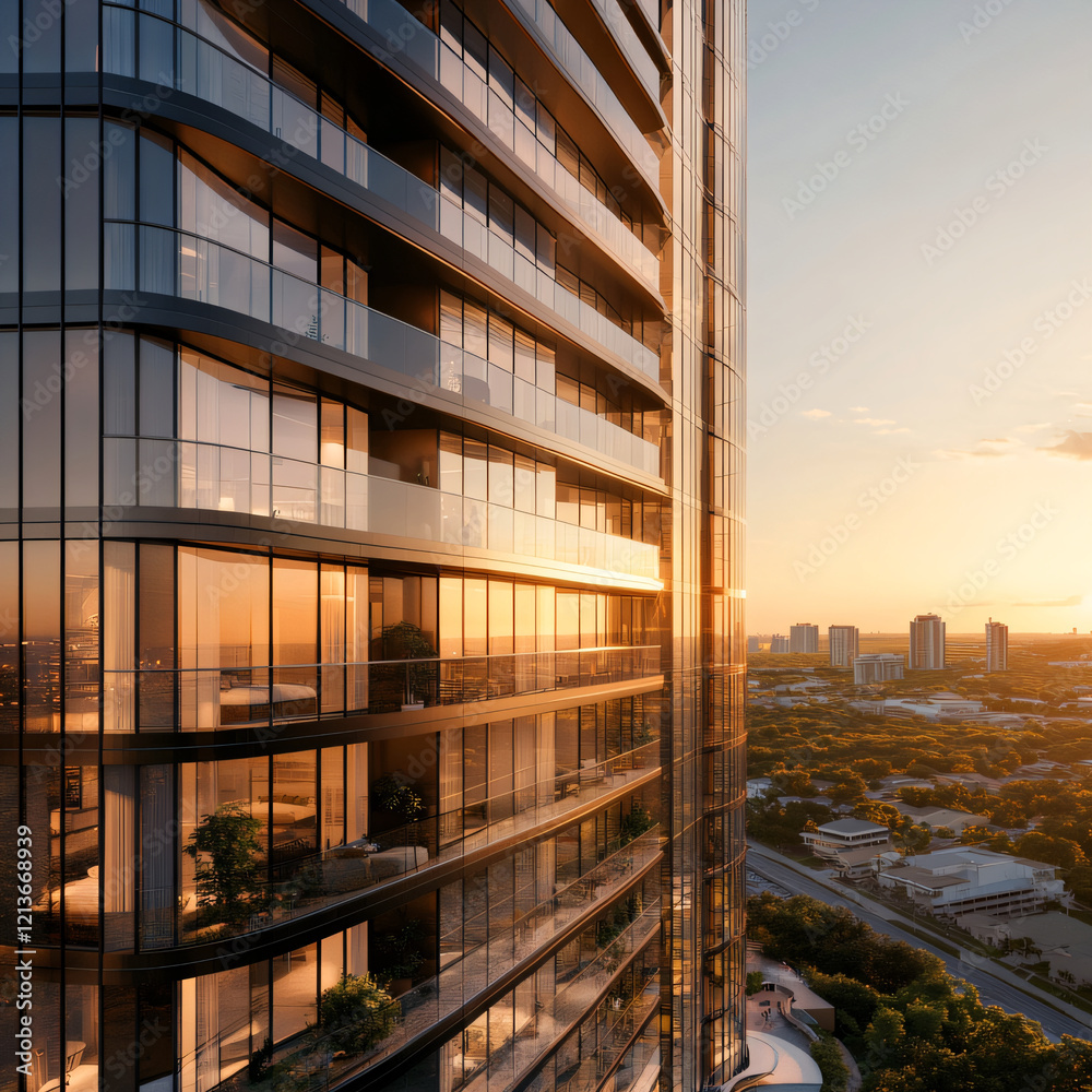 Obraz premium A luxury high-rise apartment with golden hour reflections on glass windows future theme design for ads