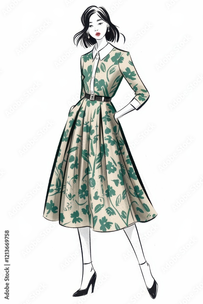 Fashion Illustration Featuring a Woman in a Floral Dress Fashion Illustration Featuring a Woman in a Floral Dress