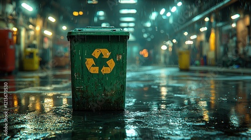 Vibrant Recycling Bin in a Rainy Urban Alleyway with Blurred Industrial Background Lights
