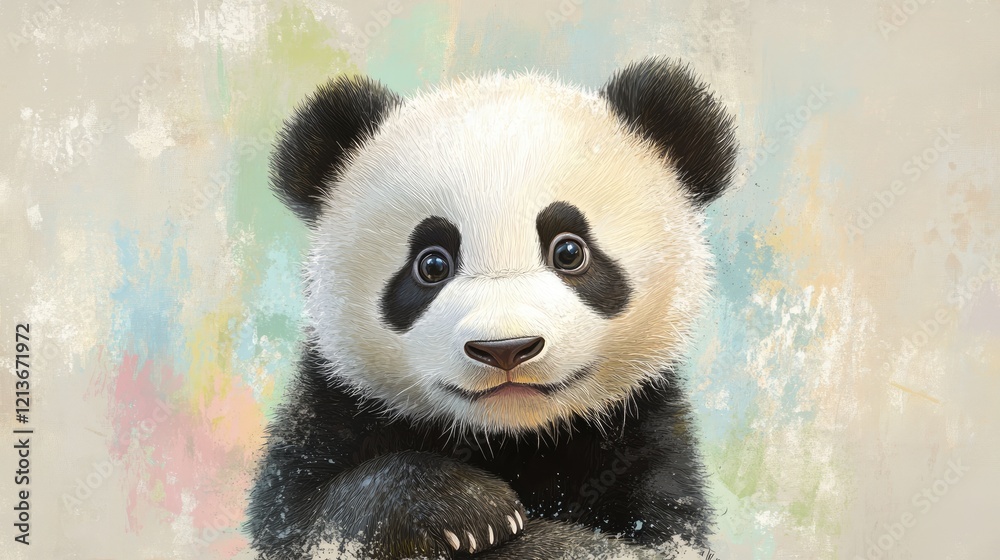 Obraz premium Cute baby panda on pastel background