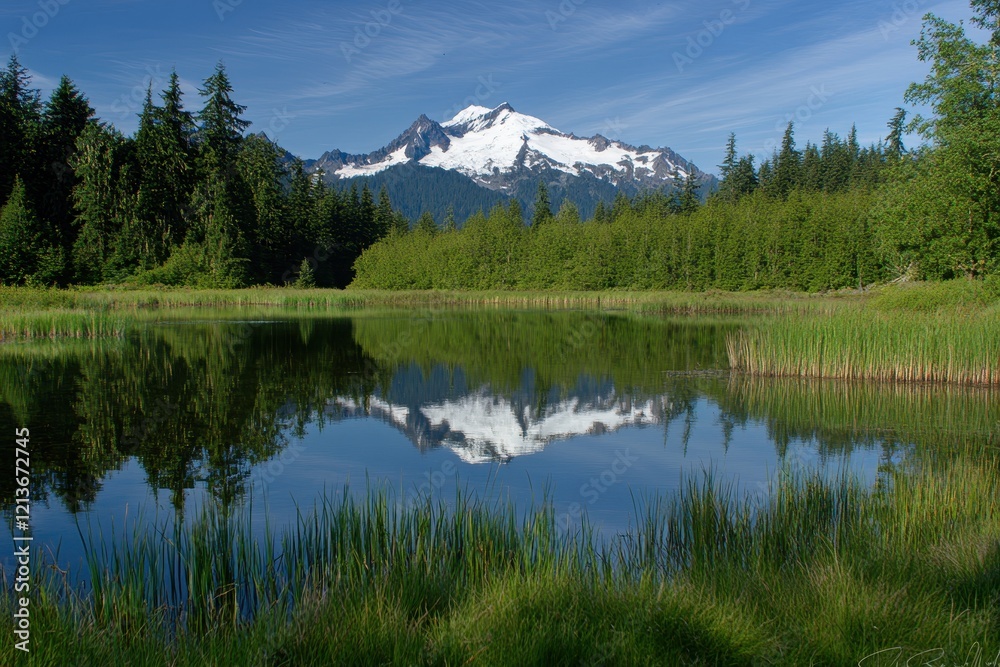 Mountain lake reflection, forest, sunny day, postcard Mountain lake reflection, forest, sunny day, postcard