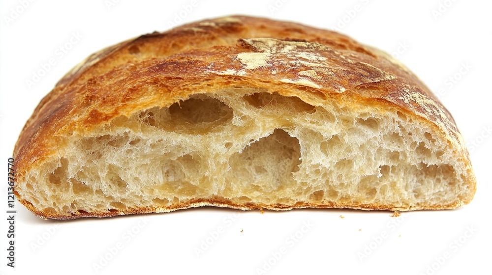 Sourdough bread loaf with a cross-section view, showcasing the airy texture and irregular holes of the artisan bread, presented on a white background, with focus on the internal structure. Sourdough bread loaf with a cross-section view, showcasing the airy texture and irregular holes of the artisan bread, presented on a white background, with focus on the internal structure.