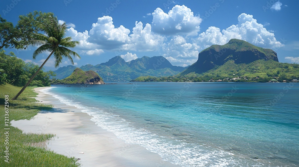 Idyllic tropical beach with palm trees, clear turquoise water, and mountains. Idyllic tropical beach with palm trees, clear turquoise water, and mountains.