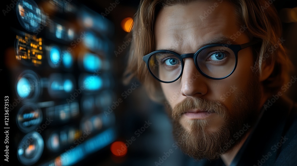 Focused programmer with beard and glasses looks intently at a digital interface. Focused programmer with beard and glasses looks intently at a digital interface.