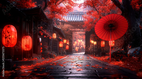 Red Lanterns illuminate a serene autumn path in a traditional Japanese town. A captivating scene of fall colors and cultural charm. photo