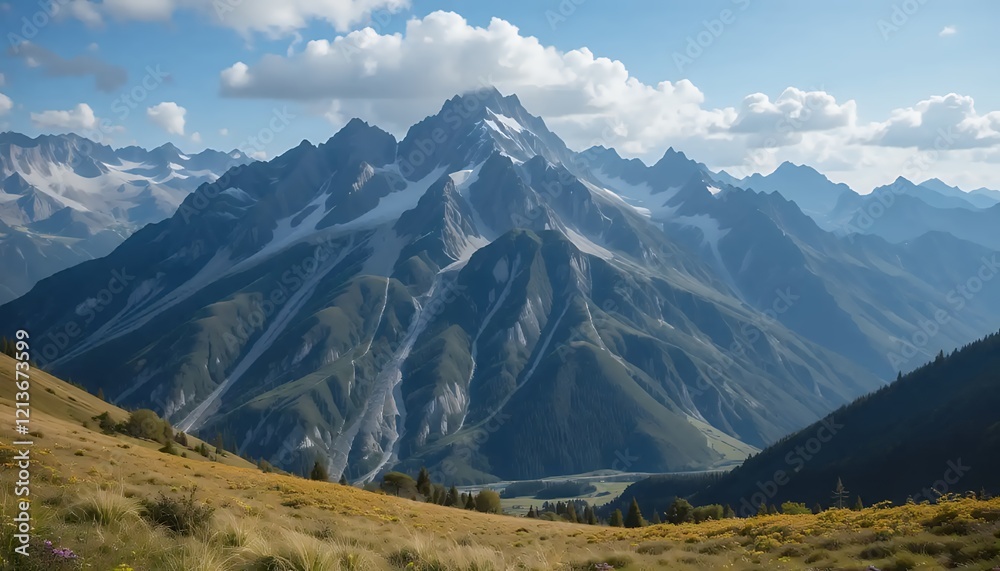 Fototapeta premium Majestic Alpine Mountain Range with Snow-Capped Peaks and Lush Green Valley