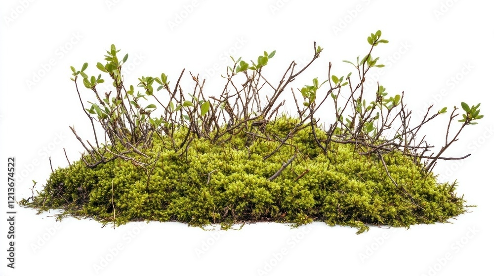 A sharp and vibrant 4K image of moss, green foliage, and decayed twigs from the forest floor, isolated on a white background. A sharp and vibrant 4K image of moss, green foliage, and decayed twigs from the forest floor, isolated on a white background.