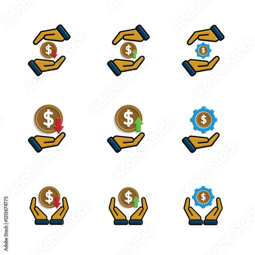 coin icon. money in hand. money management vector, business and finance icon, showing continuous movement. flat color design style