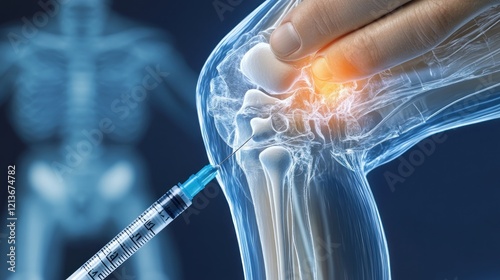 A hand points to an x-ray of a human knee with a needle injecting into the knee joint. The knee joint is highlighted with a red glow, indicating pain.