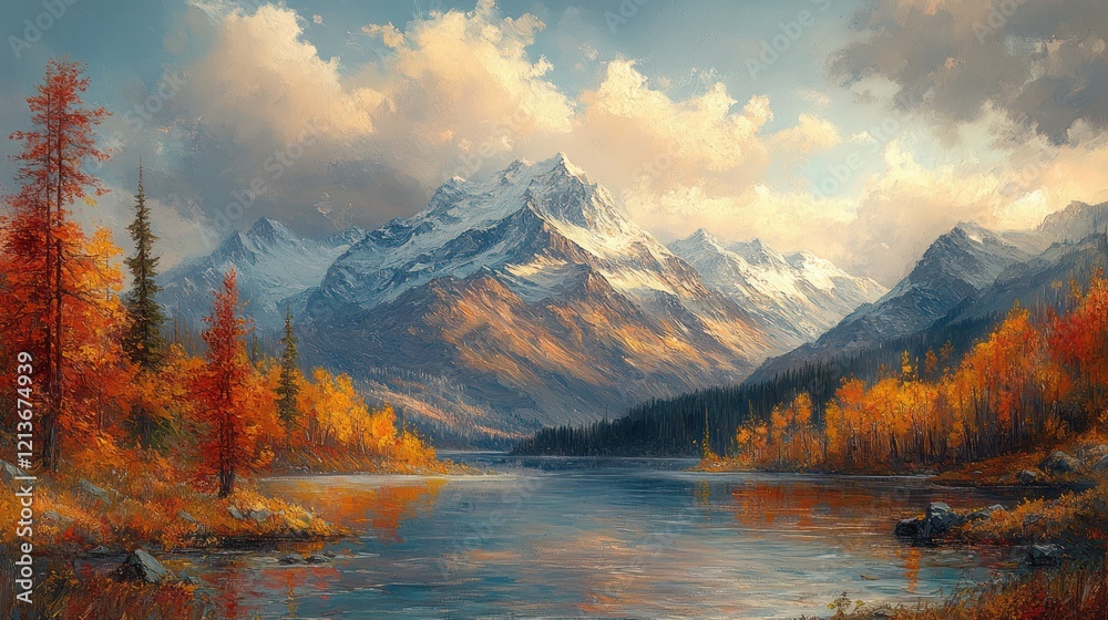 Obraz premium Mountain Landscape Autumn Scenery River Elements Art Vintage Retro Collection