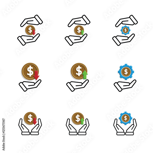 coin icon. money in hand. money management vector, business and finance icon, showing continuous movement. Mixed design style