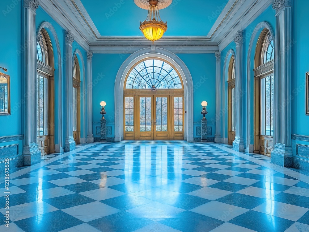 Fototapeta premium Grand blue hall interior with checkered floor, arched doorway, outdoor view