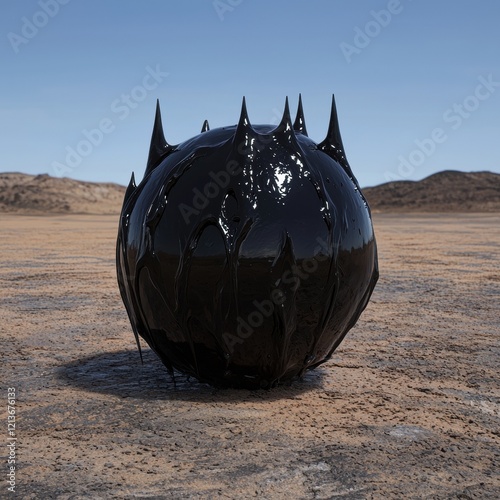 Abstract black sphere with sharp points in a desert landscape photo