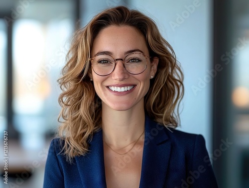 Professional woman smiling in modern office business portrait bright environment confident viewpoint