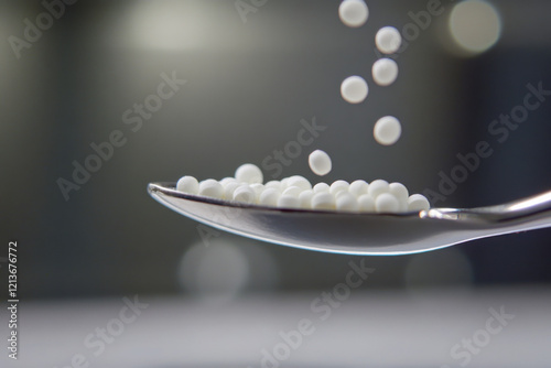 Close-up of tiny homeopathic tablets being dispensed into a spoon photo