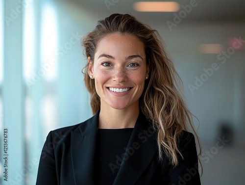 Professional smiling woman portrait in office space business environment bright background empowerment concept