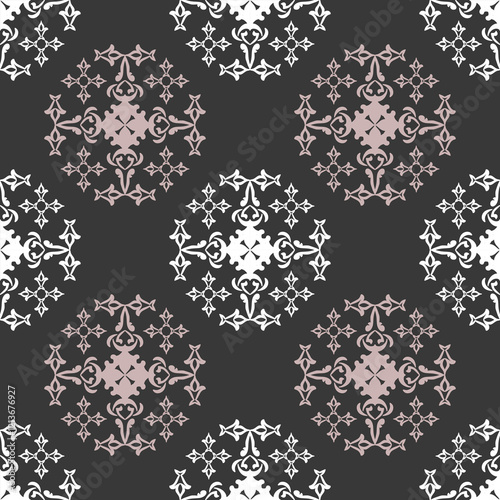 Black and white damask vintage seamless pattern. Abstract geometric style with a variety of geometric shapes. Design for tiles, wallpaper, ceramic pottery, and clothing.