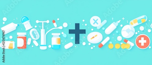 Medical tools and medications illustration.