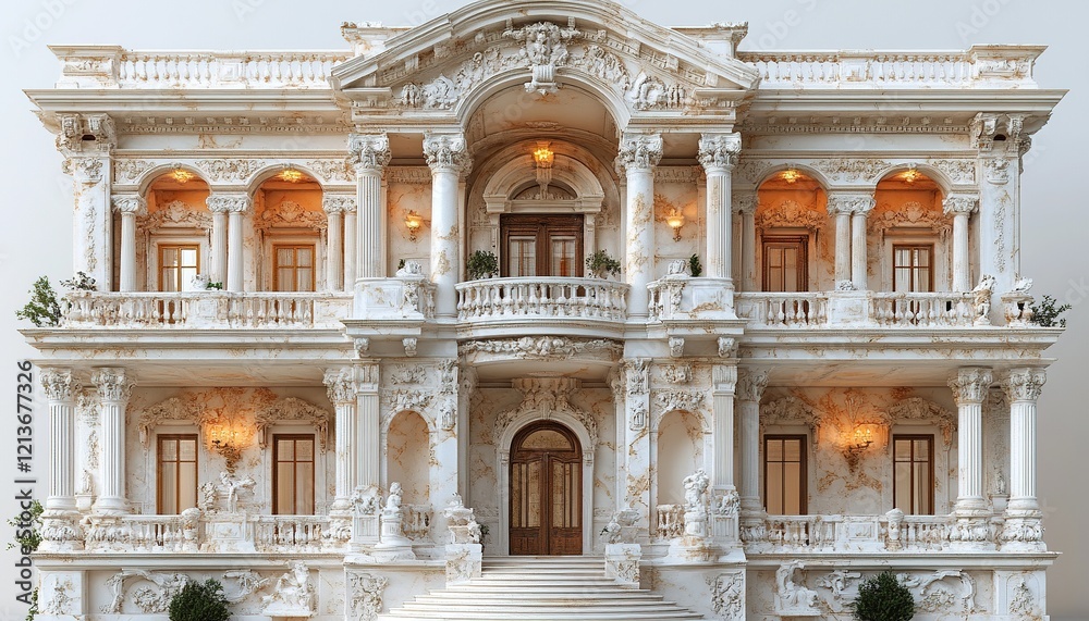 Fototapeta premium Grand mansion exterior, lit balconies, ornate facade, white background, architectural render