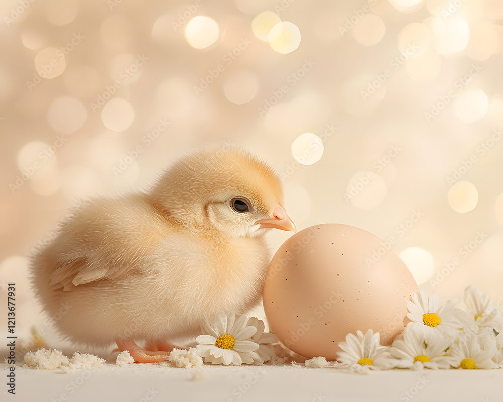 cute chick beside egg with flowers and soft background cute chick beside egg with flowers and soft background