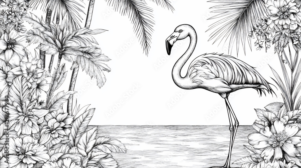 Fototapeta premium Flamingo in tropical paradise, black and white illustration.