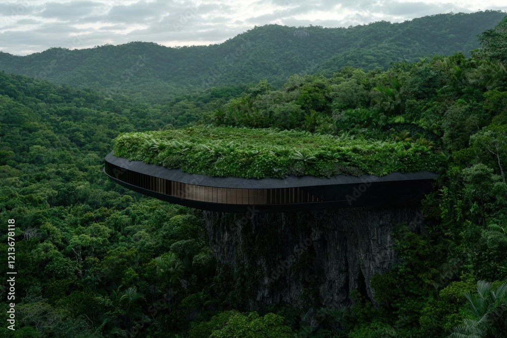 Futuristic building on a cliff overlooking lush green forest Futuristic building on a cliff overlooking lush green forest