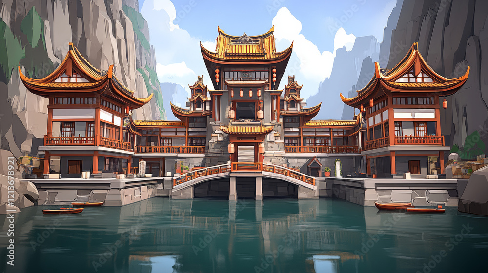 Fototapeta premium Traditional Asian architecture with serene water reflection