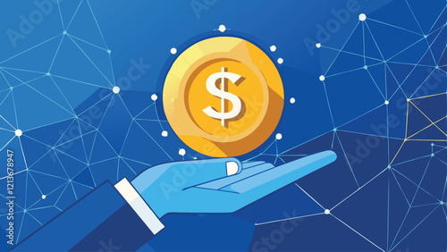 Save Money or Cashback Concepts Hand Holding Dollar Coin on Technology Blue Background Vector Illustration