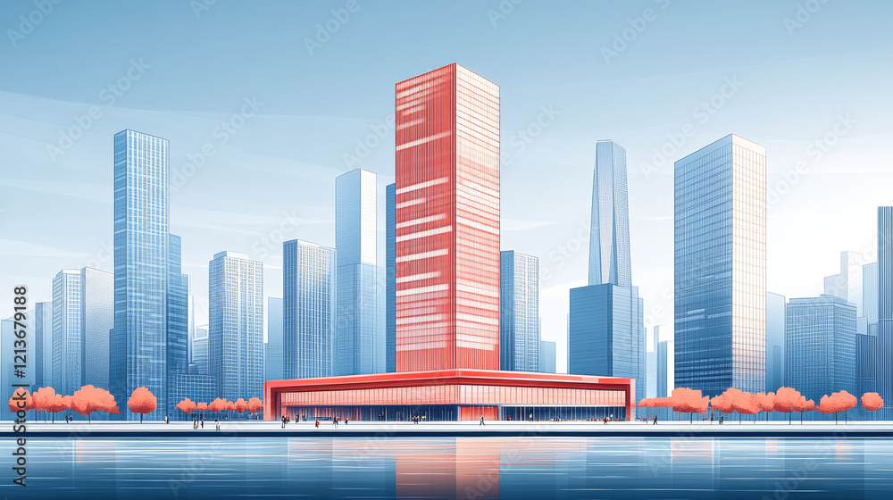 Obraz premium Modern cityscape with red skyscraper and trees