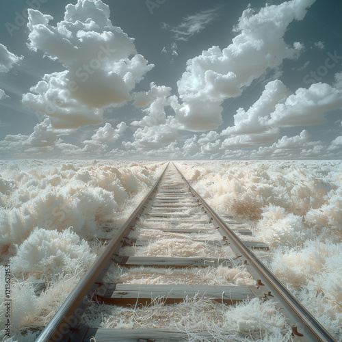 Silver zigzag rail tracks, filigree sky