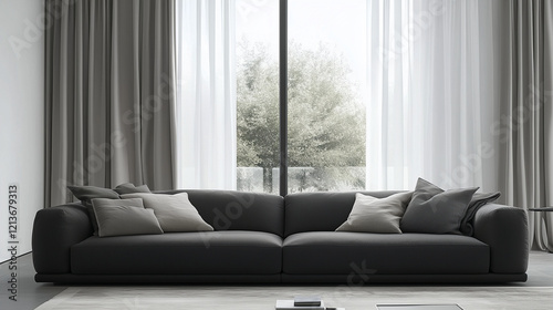 A gray sofa with pillows sits in front of a large window with gray curtains and white sheer curtains in a minimalist living room.