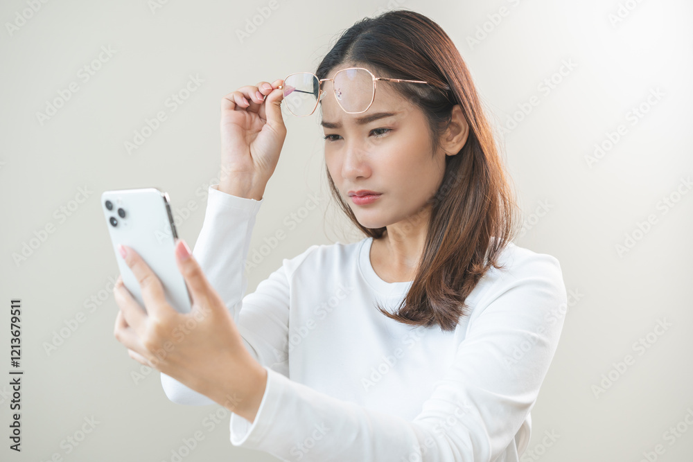 Presbyopia, Hyperopia middle aged asian woman holding eyeglasses problem with vision blurred ,trying to read text message from smart mobile phone screen, eye disease of old, eyesight farsightedness. Presbyopia, Hyperopia middle aged asian woman holding eyeglasses problem with vision blurred ,trying to read text message from smart mobile phone screen, eye disease of old, eyesight farsightedness.
