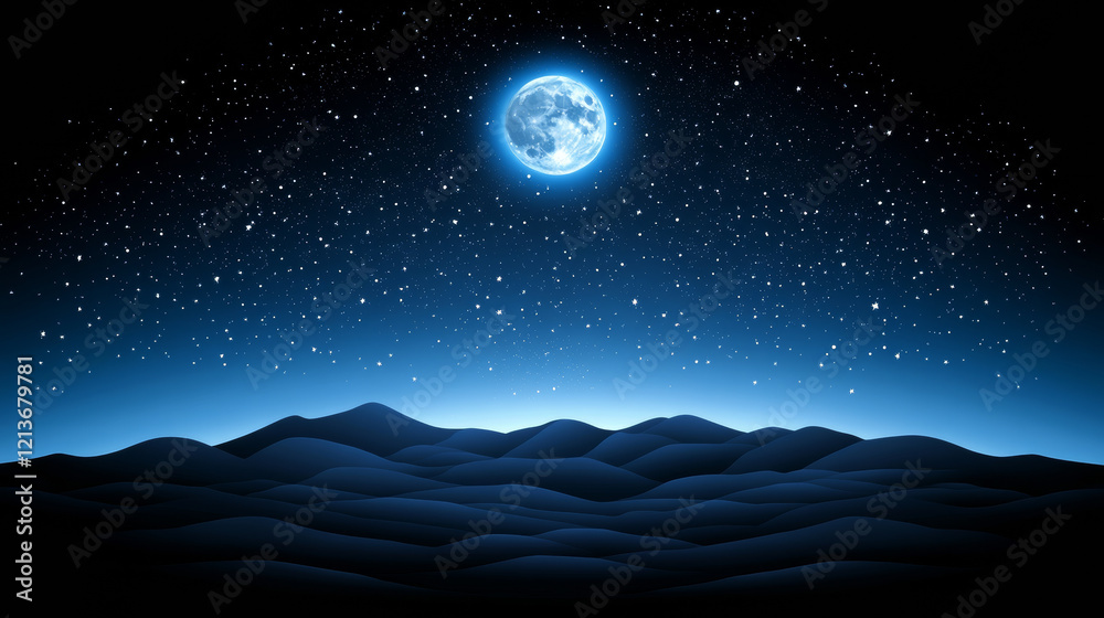 Moonlit night over serene hills and starry sky Moonlit night over serene hills and starry sky