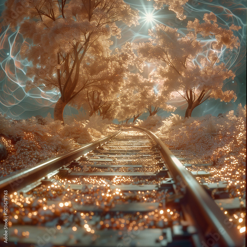Silver zigzag rail tracks, filigree sky